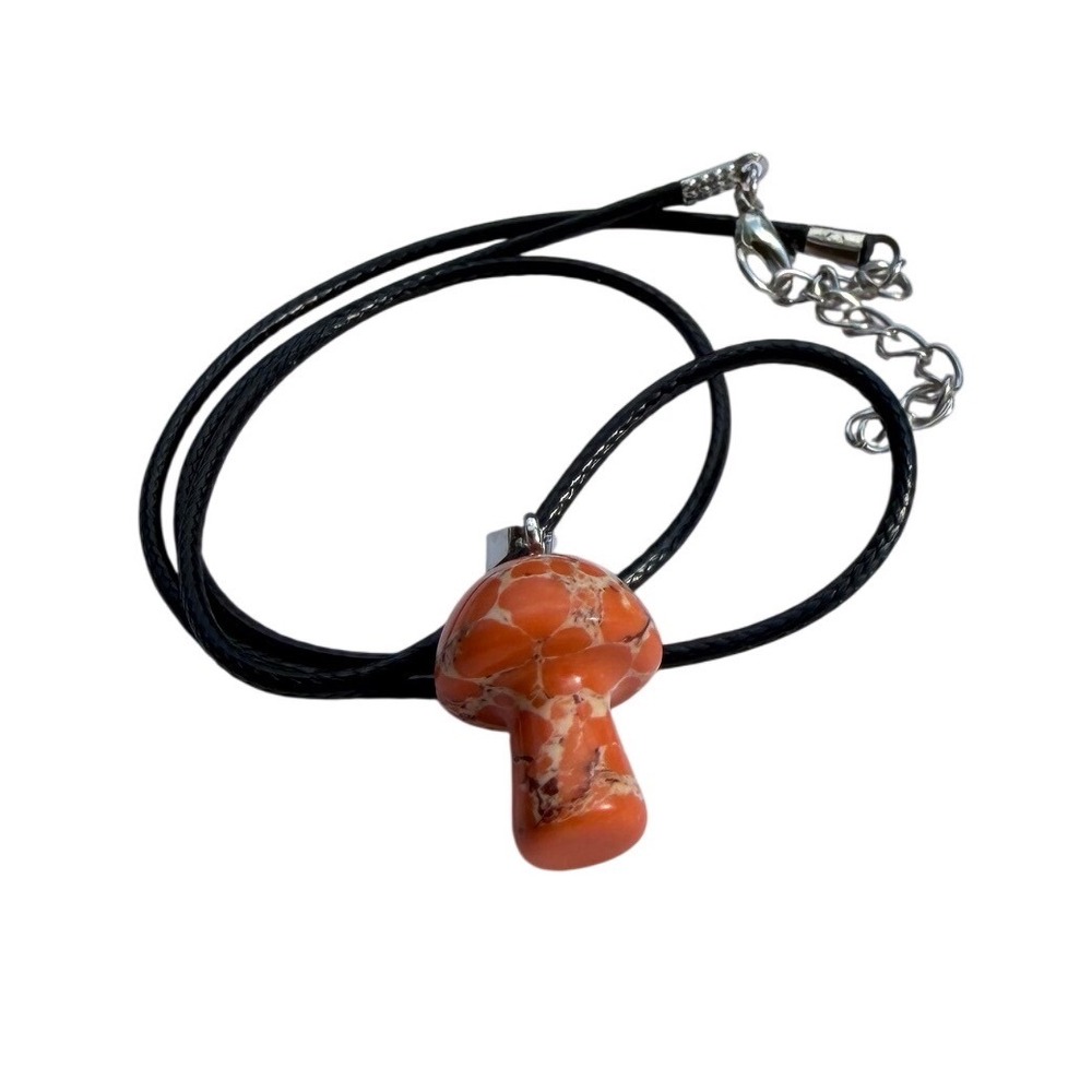 Orange‎ Jasper Mushroom Pendant Necklace Black Cord Adjustable Cottagecore Boho